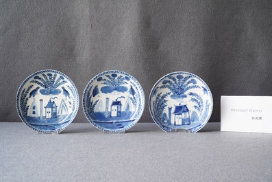 Seven Chinese blue and white cups and saucers, Kangxi
