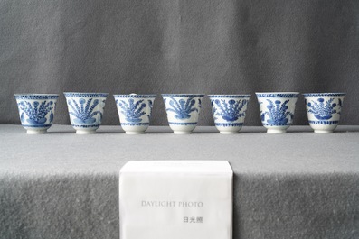 Seven Chinese blue and white cups and saucers, Kangxi