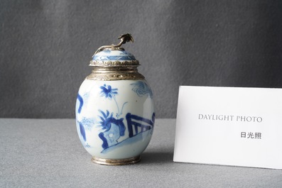 A Chinese blue and white tea caddy with Dutch silver mounts, Kangxi