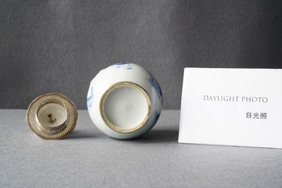 A Chinese blue and white tea caddy with Dutch silver mounts, Kangxi