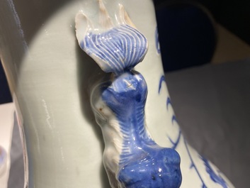 Two Chinese blue and white celadon 'dragon and phoenix' vases, 19th C.