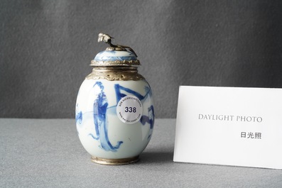 A Chinese blue and white tea caddy with Dutch silver mounts, Kangxi