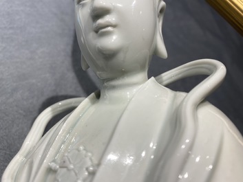 A Chinese gilt bronze lamp-mounted blanc de Chine figure of Guanyin, 19/20th C.