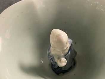 A Chinese blue, white and celadon-glazed 'Lu Hong Jian' puzzle or trick cup, Qianlong