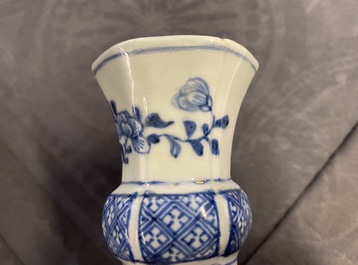 Two Chinese blue and white beaker vases and a bottle vase, Kangxi/Qianlong