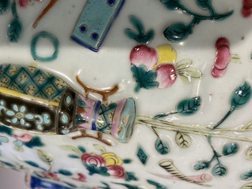 A Chinese relief-moulded famille rose 'antiquities' vase, 19th C.