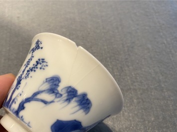 Five Chinese blue and white cups and saucers, Chenghua mark, Kangxi