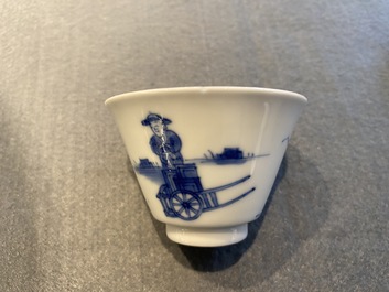 Five Chinese blue and white cups and saucers, Chenghua mark, Kangxi