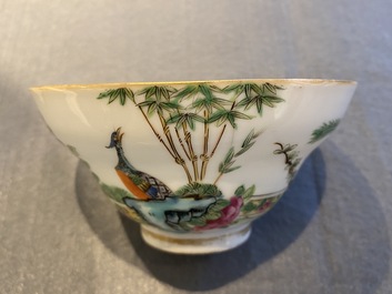 Four Chinese Canton famille rose plates and two covered bowls, 19th C.