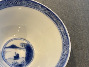 Five Chinese blue and white cups and saucers, Chenghua mark, Kangxi