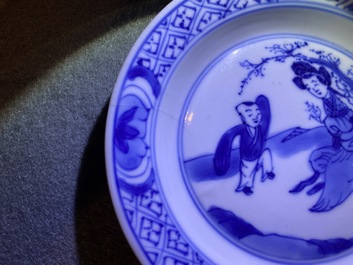 Five Chinese blue and white cups and saucers, Chenghua mark, Kangxi