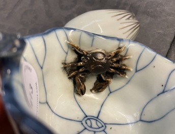 A Chinese blue, white and copper red 'crab in lotus' water dropper, Kangxi