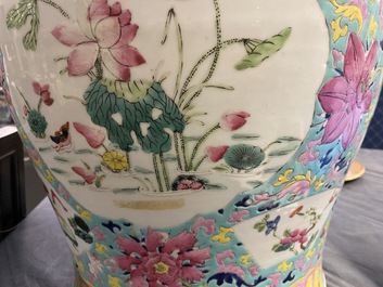 A Chinese famille rose covered vase and a vase with birds and peaches, 19/20th C.