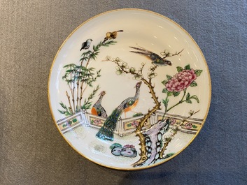 Four Chinese Canton famille rose plates and two covered bowls, 19th C.