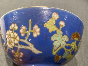 Four Chinese blue-ground bowls with floral designs, Yongzheng mark, Republic
