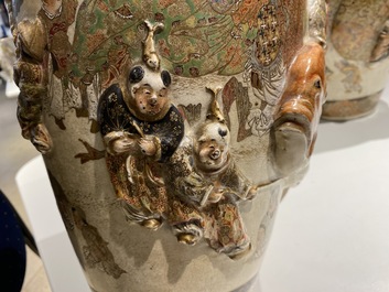 Two Japanese relief-moulded Satsuma vases, Meiji, 19th C.