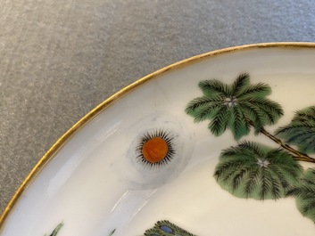 Four Chinese Canton famille rose plates and two covered bowls, 19th C.