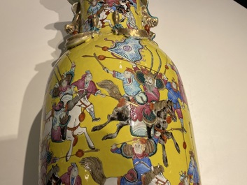 A Chinese yellow-ground famille rose 'warrior' vase, 19th C.