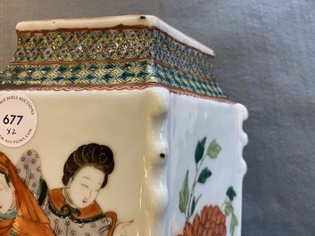 A pair of Chinese famille verte lozenge-shaped vases, 19th C.