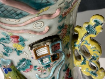 A Chinese relief-moulded famille rose 'antiquities' vase, 19th C.