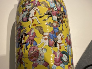 A Chinese yellow-ground famille rose 'warrior' vase, 19th C.