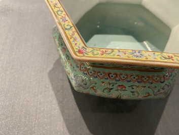 A pair of Chinese famille rose jardini&egrave;res on stands, Qianlong mark, Jiaqing