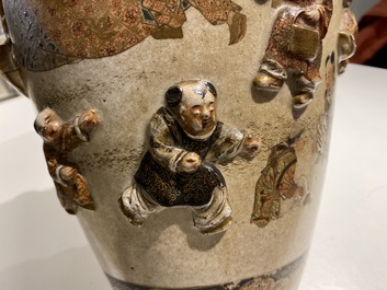 Two Japanese relief-moulded Satsuma vases, Meiji, 19th C.