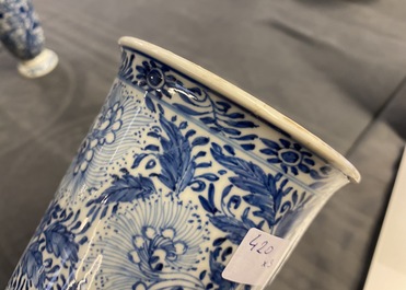 Two Chinese blue and white beaker vases and a bottle vase, Kangxi/Qianlong