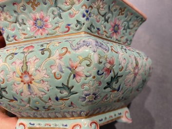 A pair of Chinese famille rose jardini&egrave;res on stands, Qianlong mark, Jiaqing