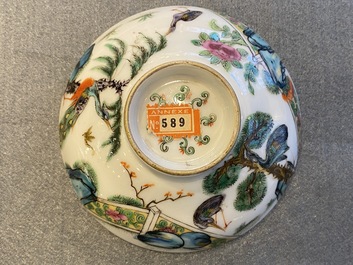 Four Chinese Canton famille rose plates and two covered bowls, 19th C.