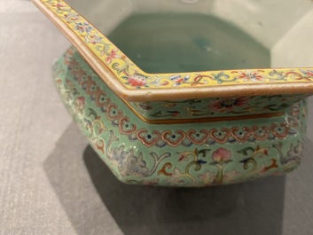A pair of Chinese famille rose jardini&egrave;res on stands, Qianlong mark, Jiaqing