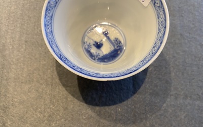 Five Chinese blue and white cups and saucers, Chenghua mark, Kangxi