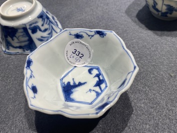 Six Chinese blue and white cups and saucers with horseriders, Kangxi