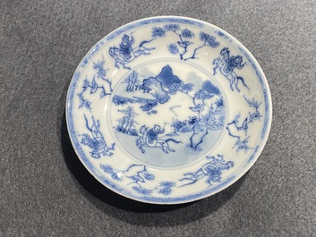 Six Chinese blue and white cups and saucers with horseriders, Kangxi