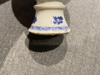 Four Chinese blue and white miniature vases and a huqqa base, Kangxi
