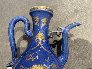 A Chinese gilt-decorated powder blue-ground jug with mythical beasts, Kangxi