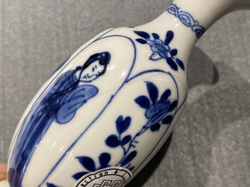 Four Chinese blue and white miniature vases and a huqqa base, Kangxi