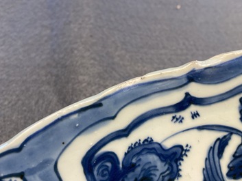 A large Chinese blue and white kraak porcelain dish with a mythical beast, Wanli