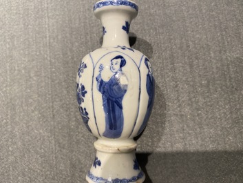 Four Chinese blue and white miniature vases and a huqqa base, Kangxi