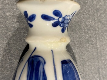 Four Chinese blue and white miniature vases and a huqqa base, Kangxi
