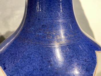 A Chinese famille verte powder blue-ground bottle vase, Kangxi
