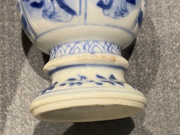 Four Chinese blue and white miniature vases and a huqqa base, Kangxi