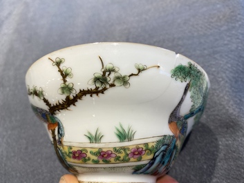 Four Chinese Canton famille rose plates and two covered bowls, 19th C.