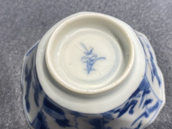 Six Chinese blue and white cups and saucers with horseriders, Kangxi