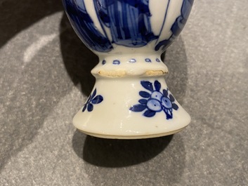 Four Chinese blue and white miniature vases and a huqqa base, Kangxi