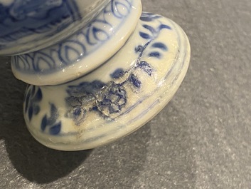 Four Chinese blue and white miniature vases and a huqqa base, Kangxi