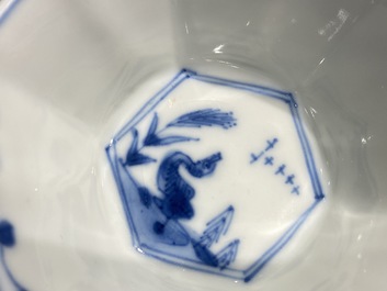 Six Chinese blue and white cups and saucers with horseriders, Kangxi