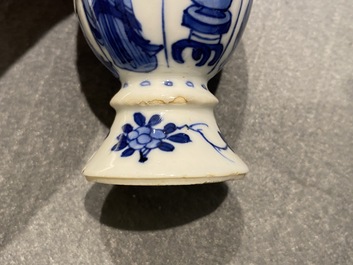 Four Chinese blue and white miniature vases and a huqqa base, Kangxi