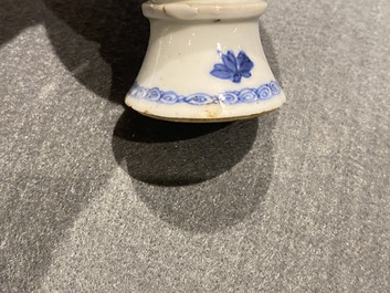 Four Chinese blue and white miniature vases and a huqqa base, Kangxi
