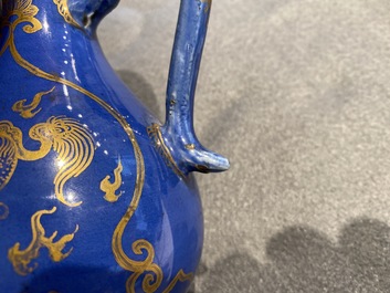 A Chinese gilt-decorated powder blue-ground jug with mythical beasts, Kangxi